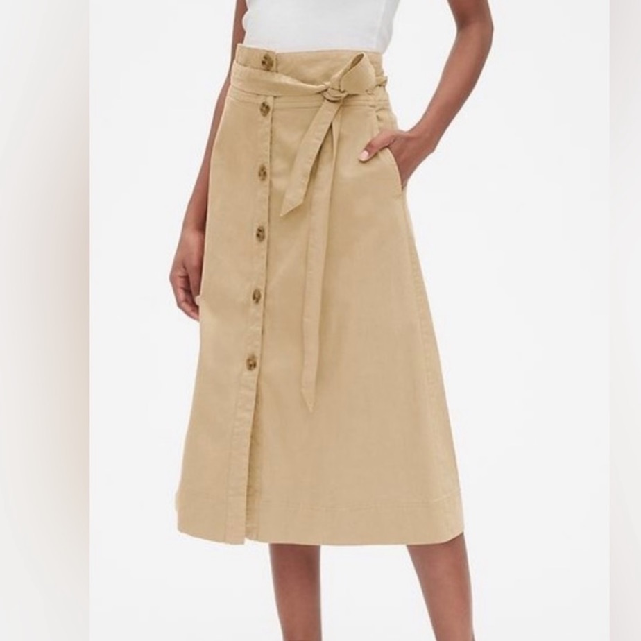 Gap Khaki Belted Button Midi Skirt